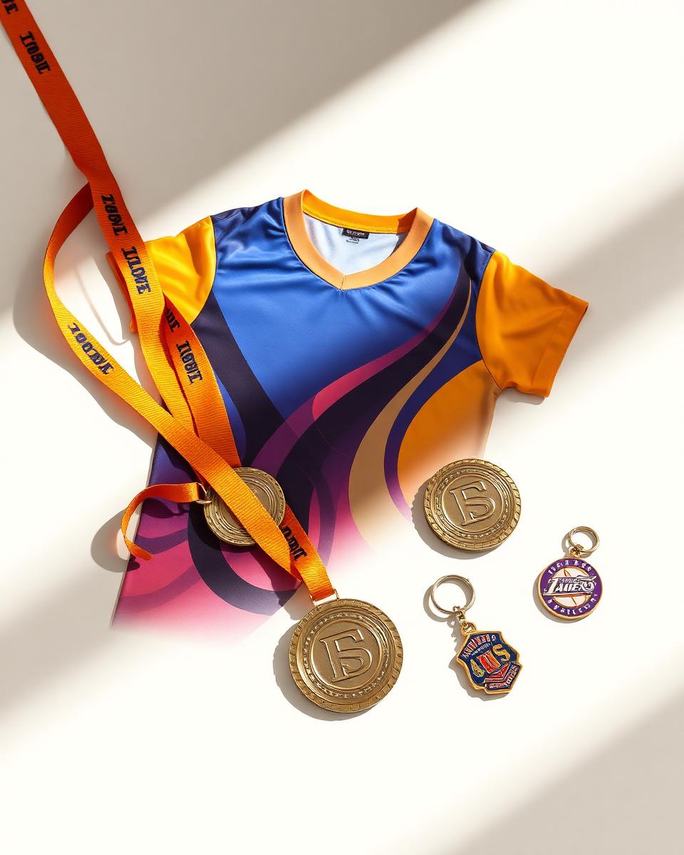 Jersey deportivo sublimado, medallas doradas y llaveros deportivos