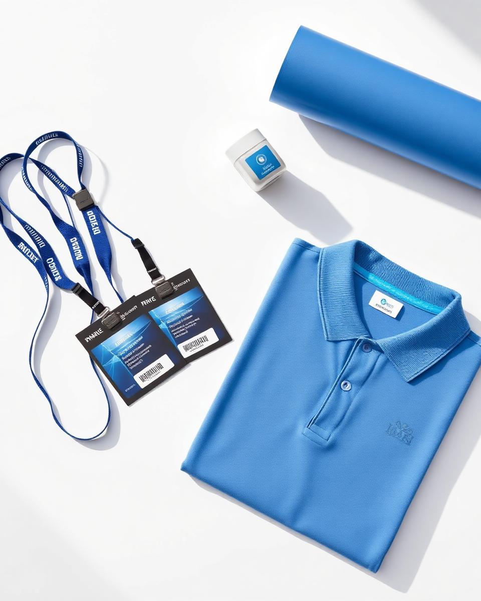 Credenciales PVC con lanyard, uniforme polo y lona publicitaria