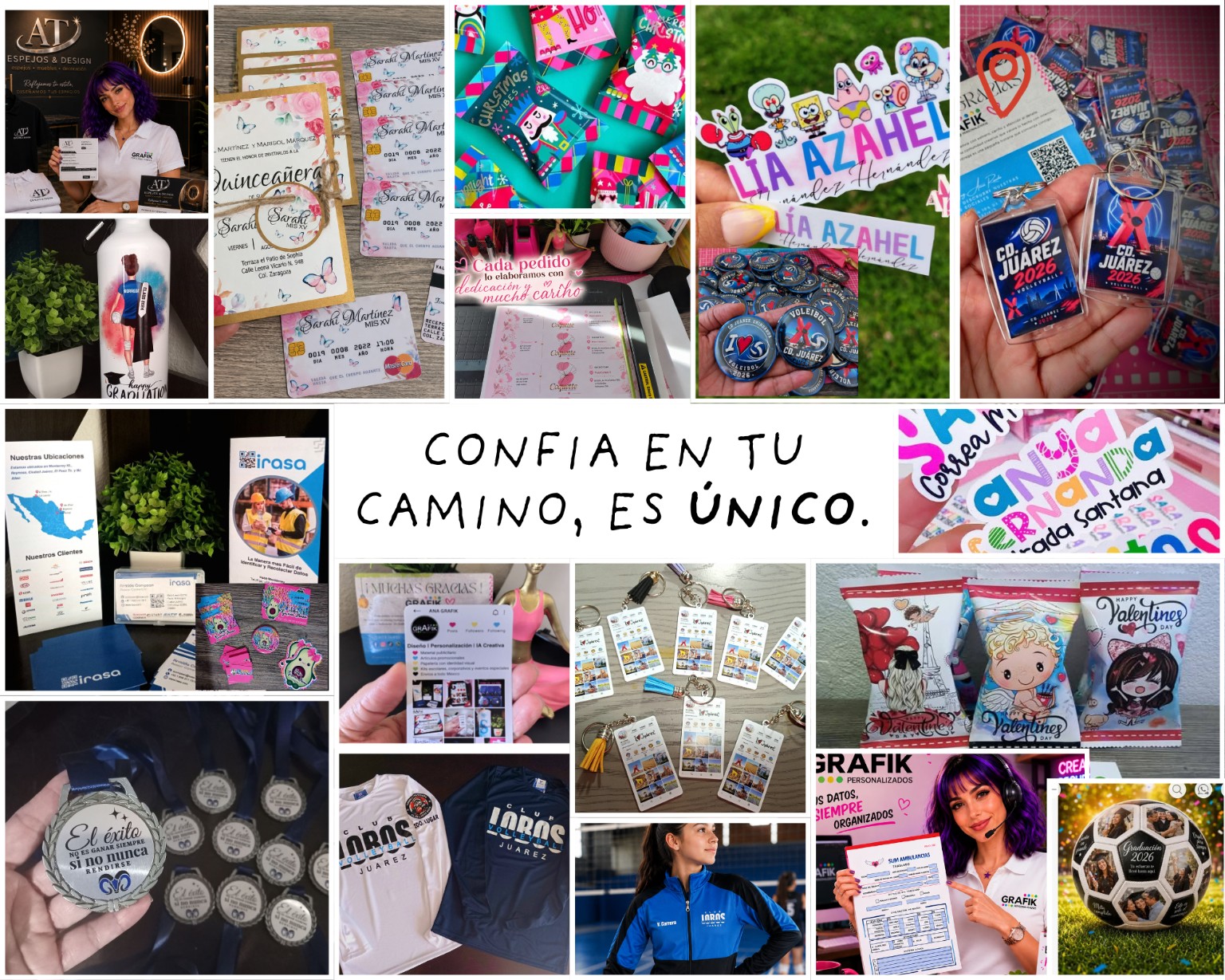 Collage de productos personalizados y proyectos realizados por GRAFIK